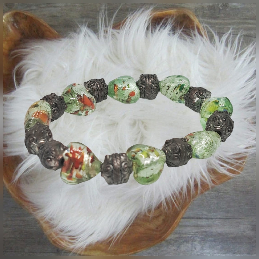 Green Beads Slip-on Bracelet & Dark Stone Accents